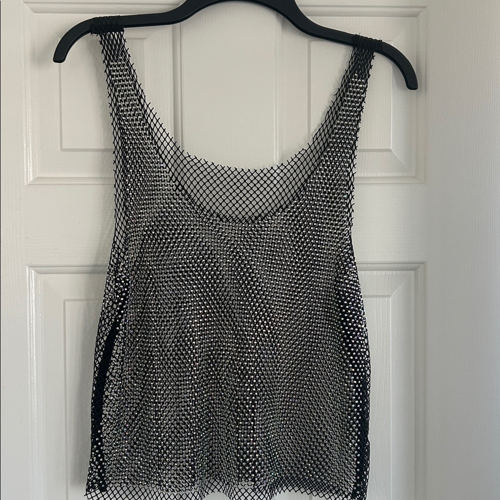 Chic Black Mesh Sleeveless Top with rhinestone’s